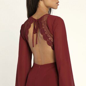NWT Lulus Poised and Playful Burgundy Long Sleeve Backless Romper